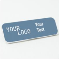 Name tag – engraved plastic China Blue / White – round corners – magnetic