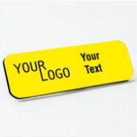 Name tag – engraved plastic Canary / Black – round corners – magnetic